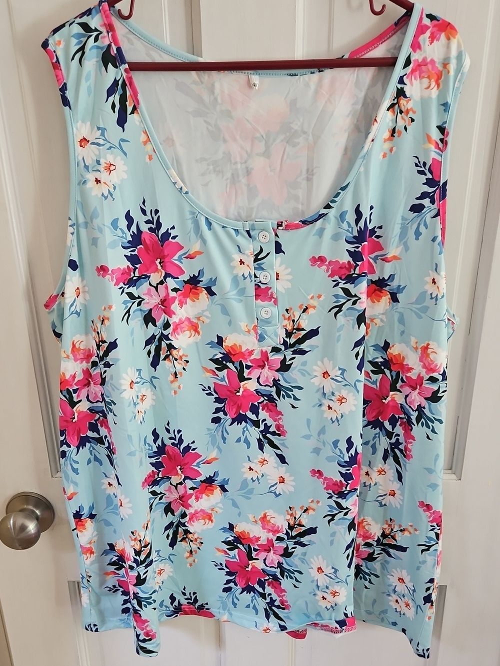 Sleeveless Floral Scoop Neck Tank Top - Light Blue/Pink
